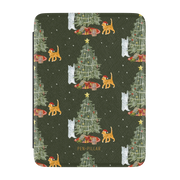 Festive Cats Kindle case, front cover: a Christmas tree, presents and playful cats on olive green