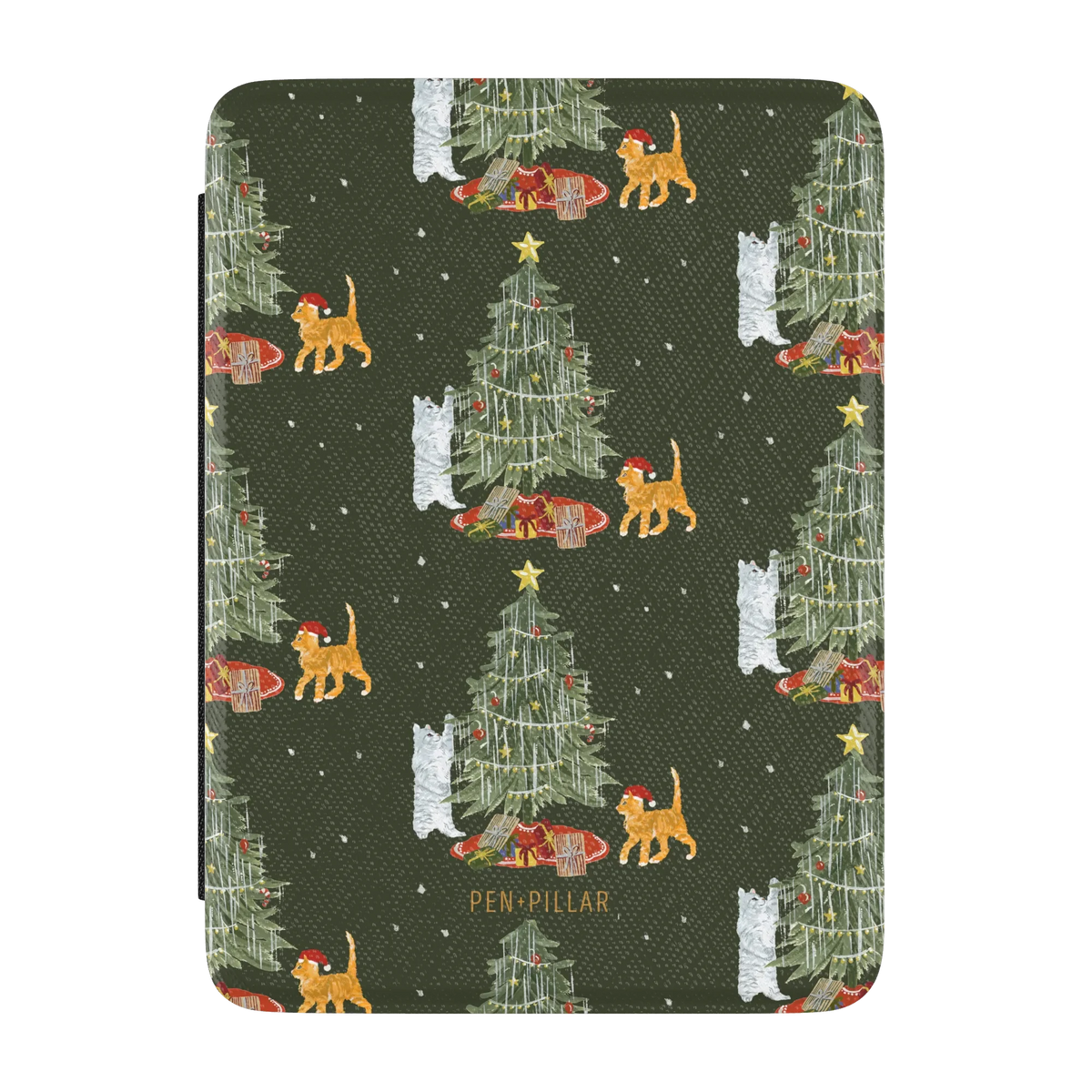 Festive Cats Kindle case, front cover: a Christmas tree, presents and playful cats on olive green