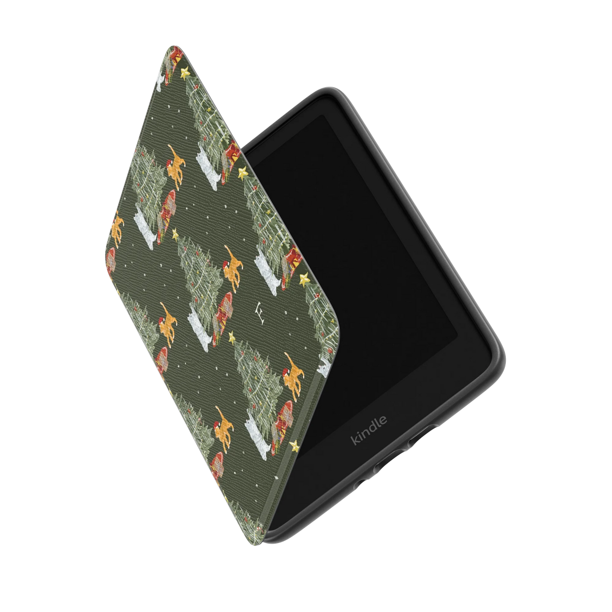 Festive Cats Personalized Kindle case standing partly open, showing the printed front cover and the Kindle inside