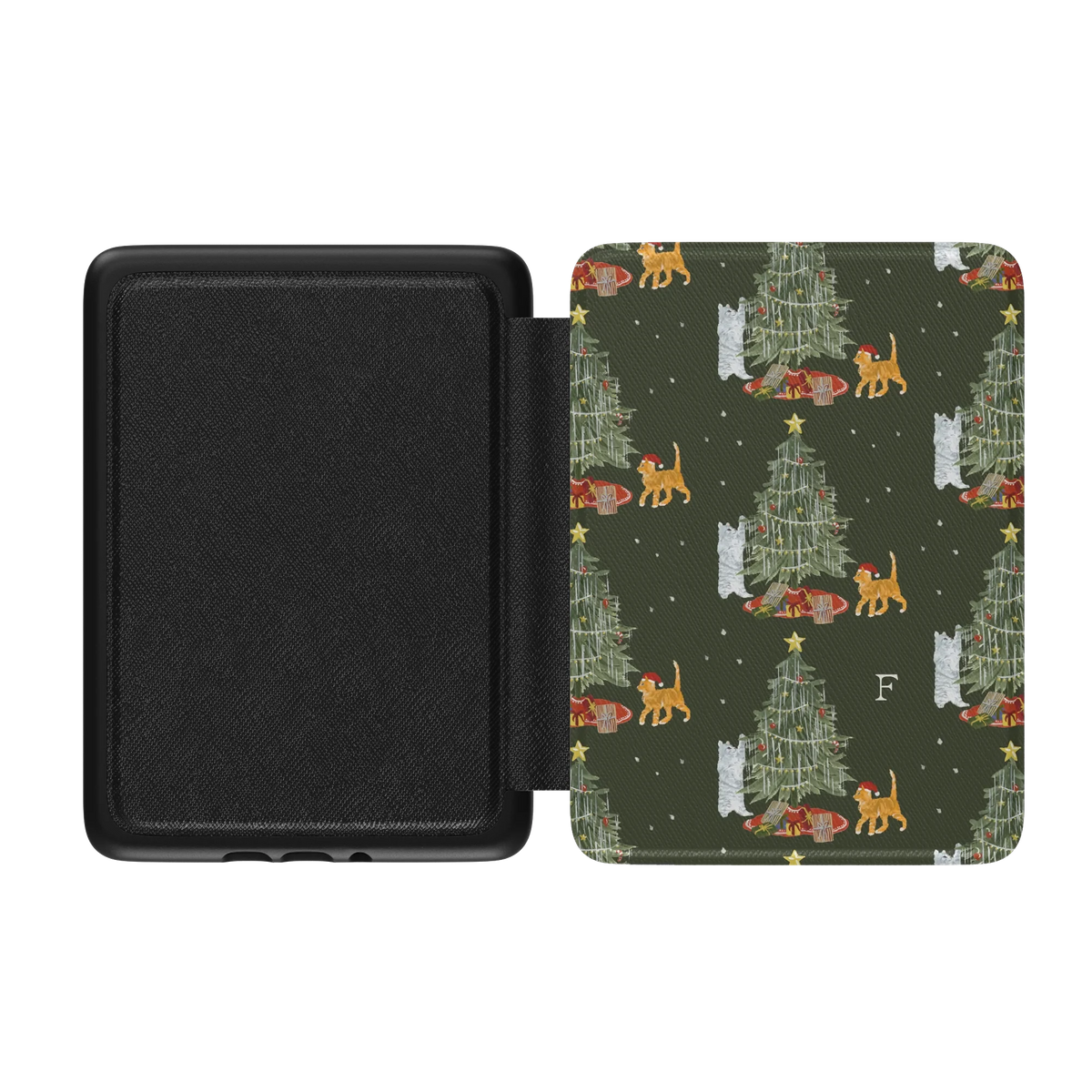 Festive Cats Personalized Kindle case opened flat, black inner lining on the left and the printed front cover on the right