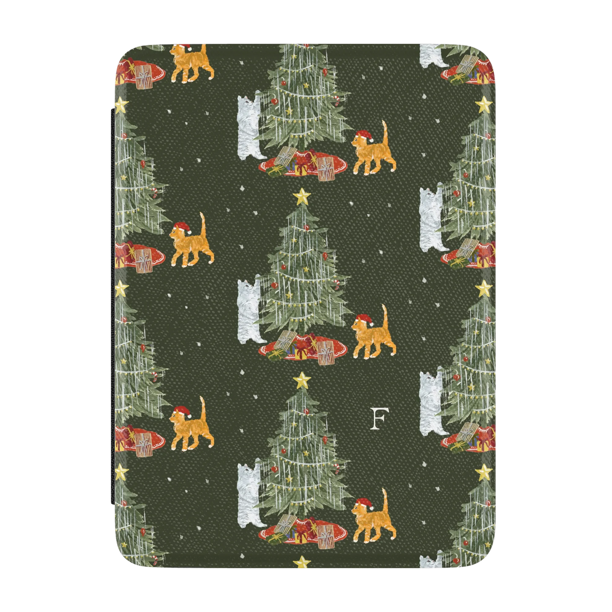 Festive Cats Personalized Kindle case, front cover: a Christmas tree, presents and playful cats on olive green with the initial F