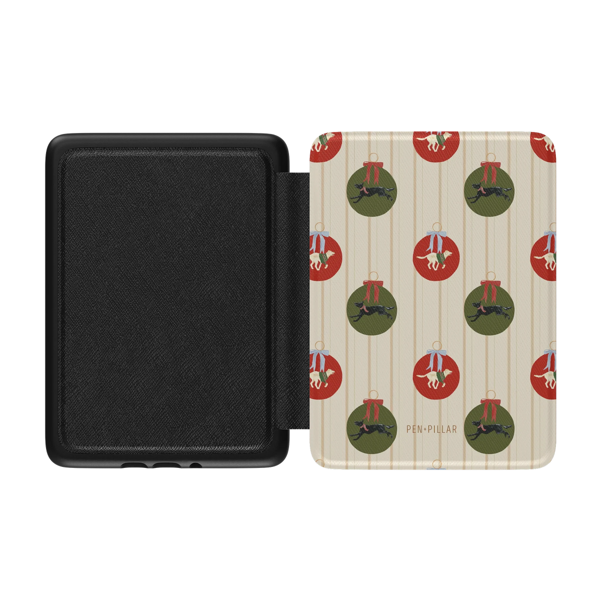 Festive Dogs Kindle case opened flat, black inner lining on the left and the printed front cover on the right