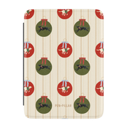 Festive Dogs Kindle case, front cover: red and green ornaments with leaping dogs on cream pinstripes