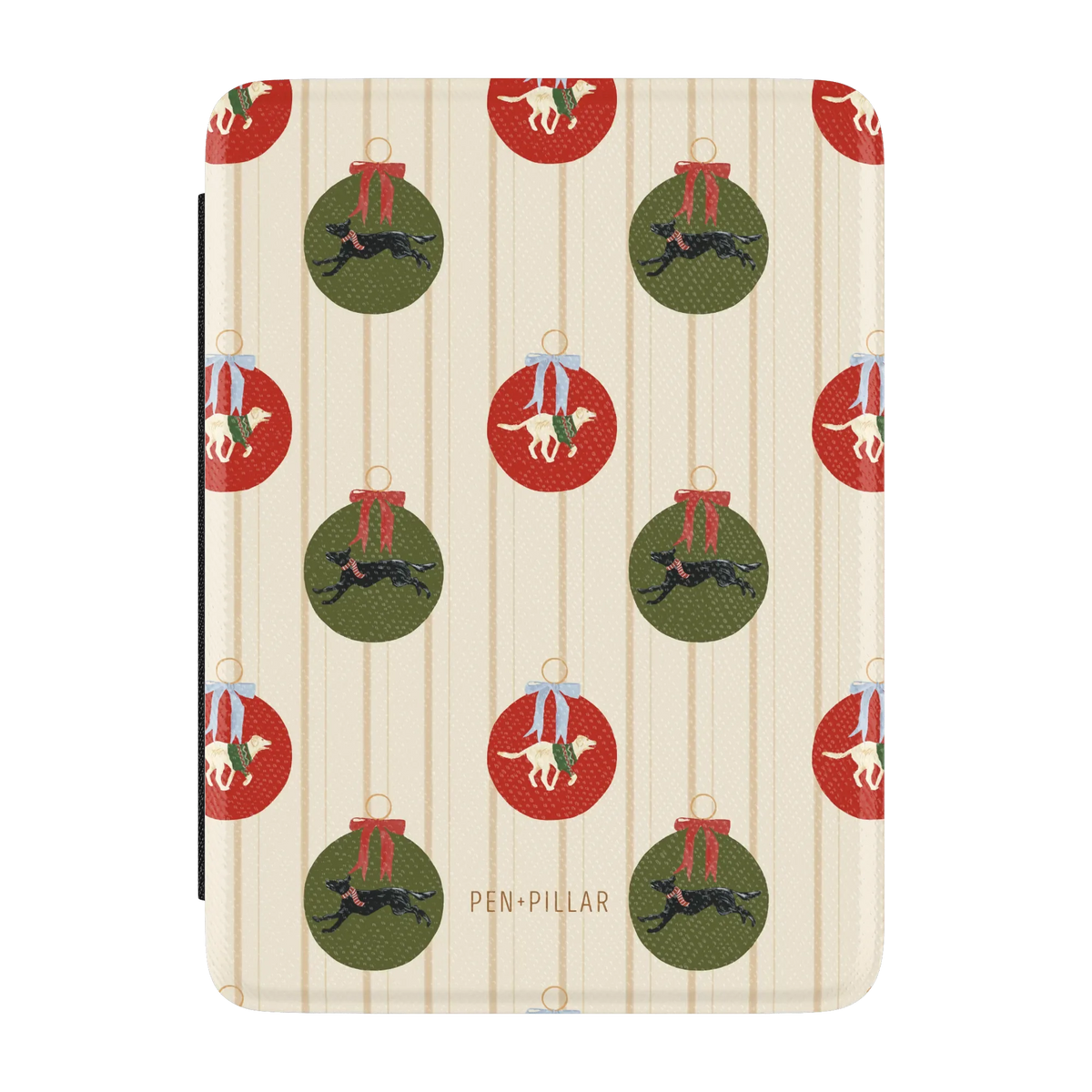 Festive Dogs Kindle case, front cover: red and green ornaments with leaping dogs on cream pinstripes