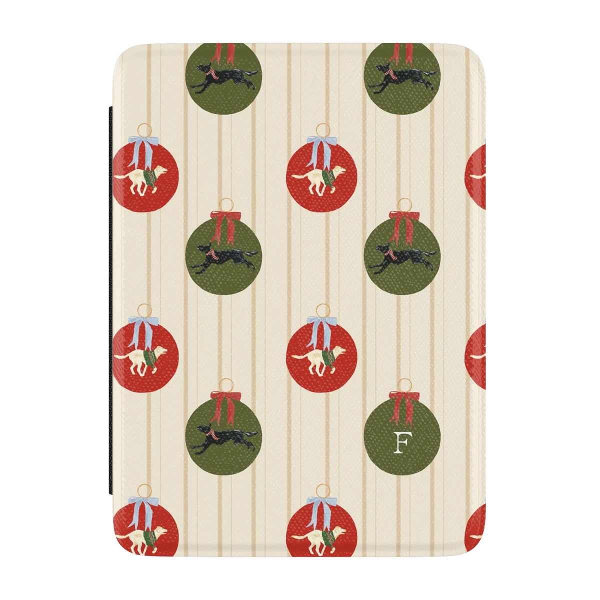 Festive Dogs Personalized Kindle case, front cover: red and green ornaments with leaping dogs on cream pinstripes with the initial F