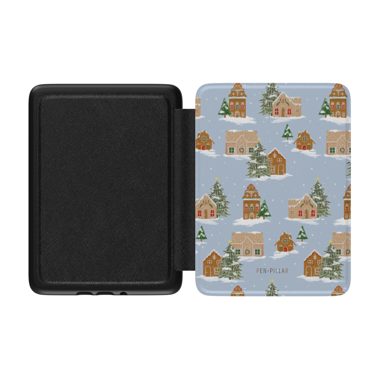 Gingerbread Village Kindle case opened flat, black inner lining on the left and the printed front cover on the right