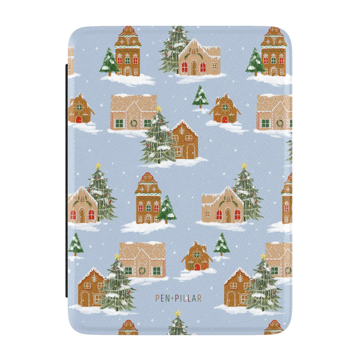 Gingerbread Village Kindle case, front cover: gingerbread houses and snowy evergreens on pale blue