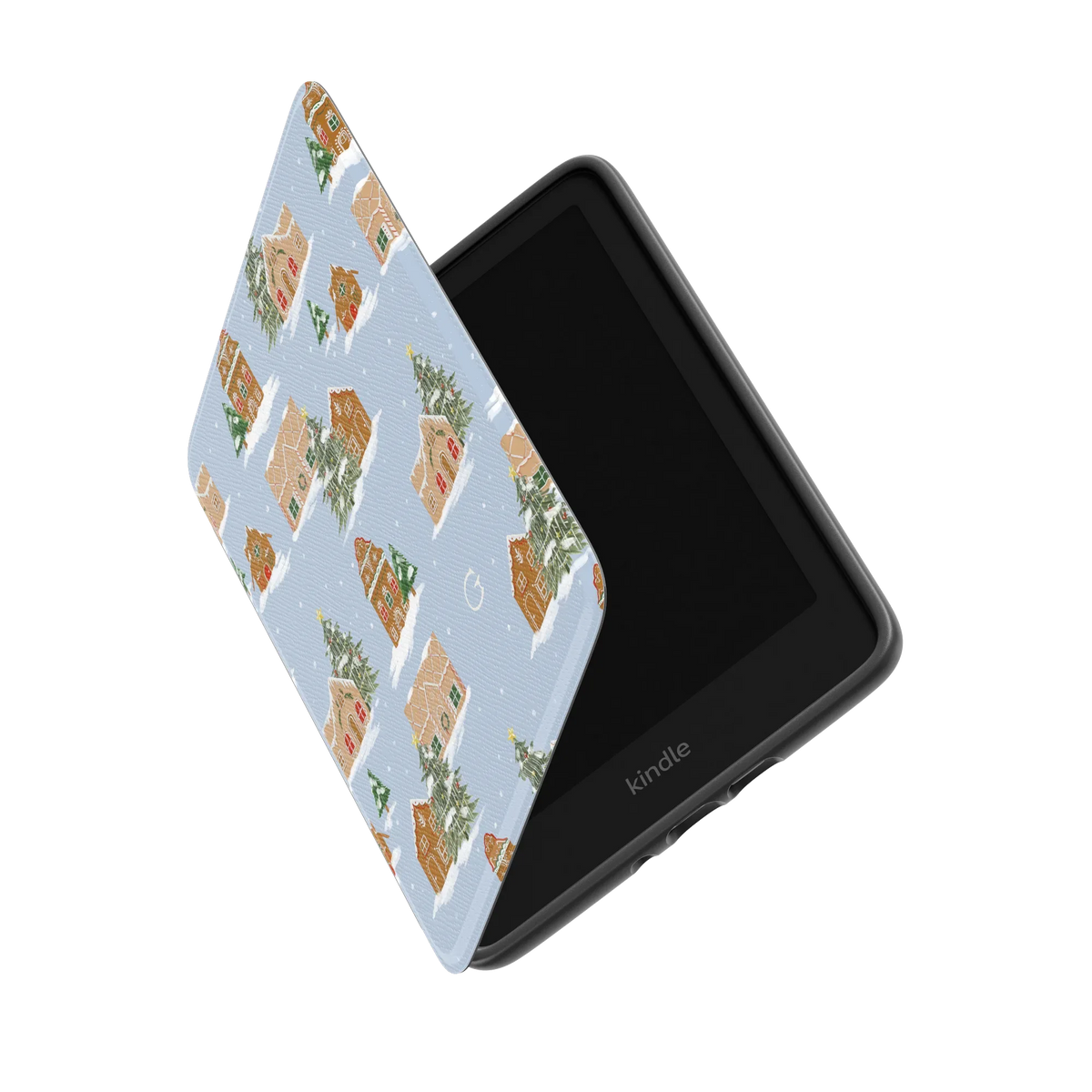 Gingerbread Village Personalized Kindle case standing partly open, showing the printed front cover and the Kindle inside