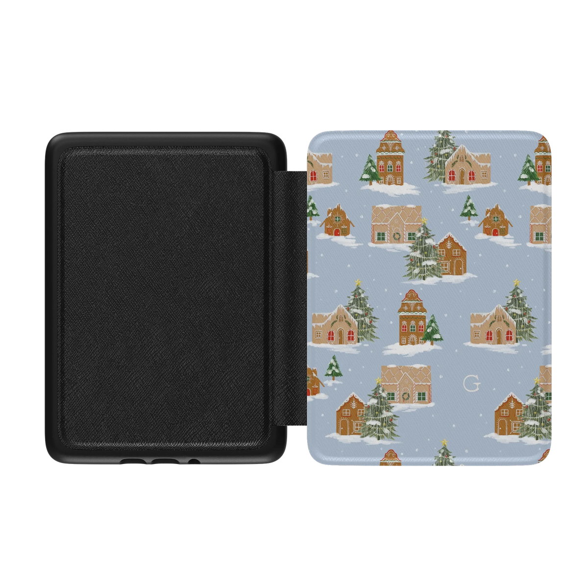 Gingerbread Village Personalized Kindle case opened flat, black inner lining on the left and the printed front cover on the right