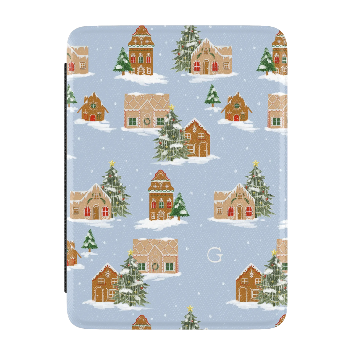 Gingerbread Village Personalized Kindle case, front cover: gingerbread houses and snowy evergreens on pale blue with the initial G