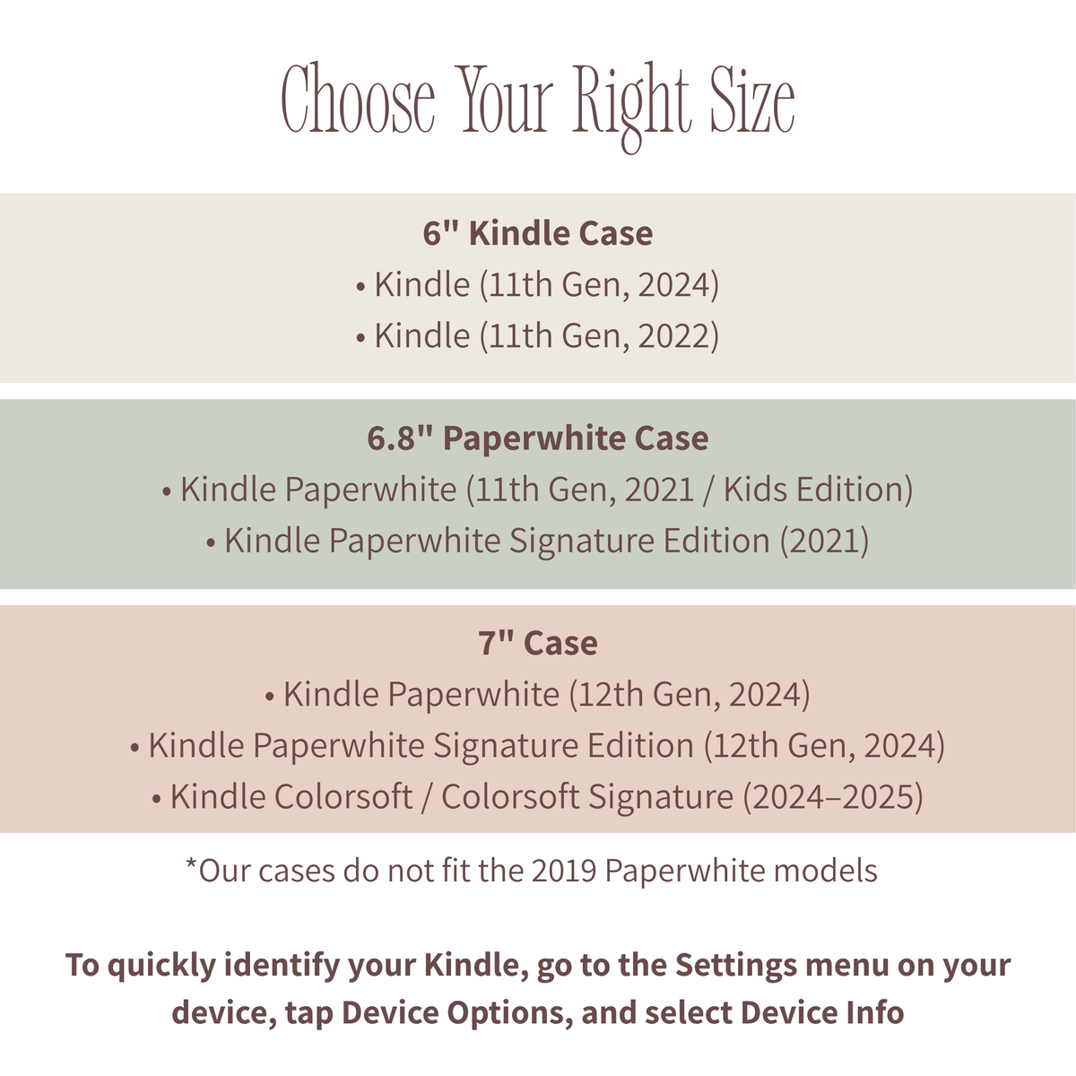 Size chart for 6 inch, 6.8 inch, and 7 inch Kindle cases with instructions on how to identify device models in settings.