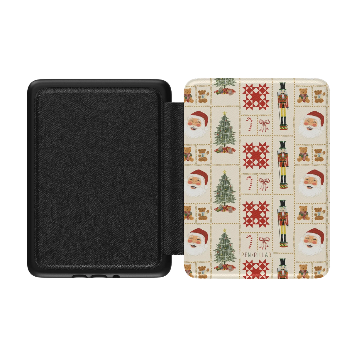 Holiday Sampler Kindle case opened flat, black inner lining on the left and the printed front cover on the right