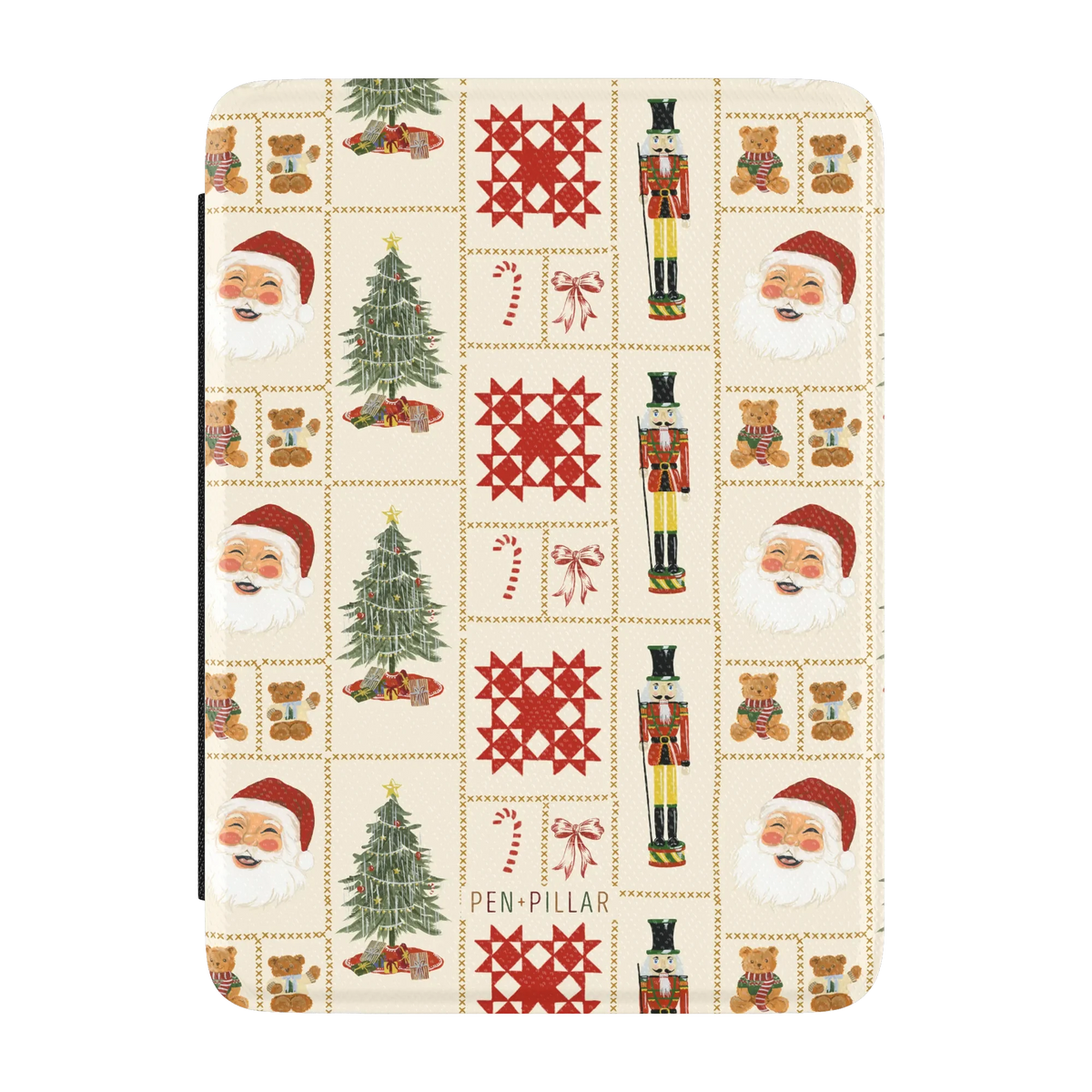 Holiday Sampler Kindle case, front cover: Christmas sampler squares with trees, Santas and nutcrackers