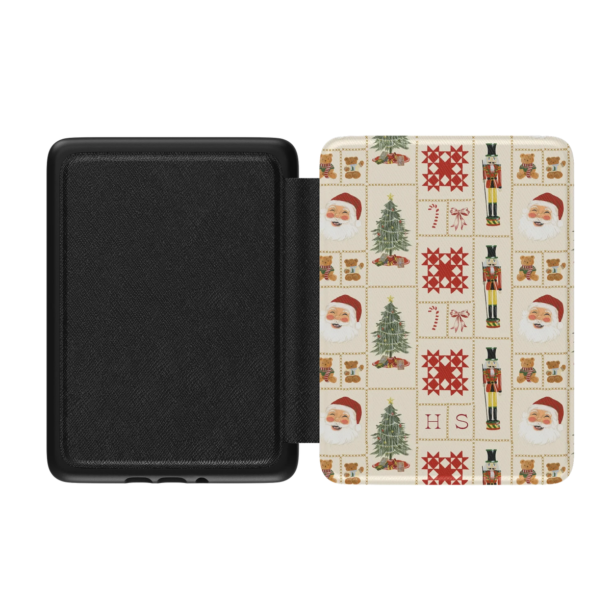 Holiday Sampler Personalized Kindle case opened flat, black inner lining on the left and the printed front cover on the right