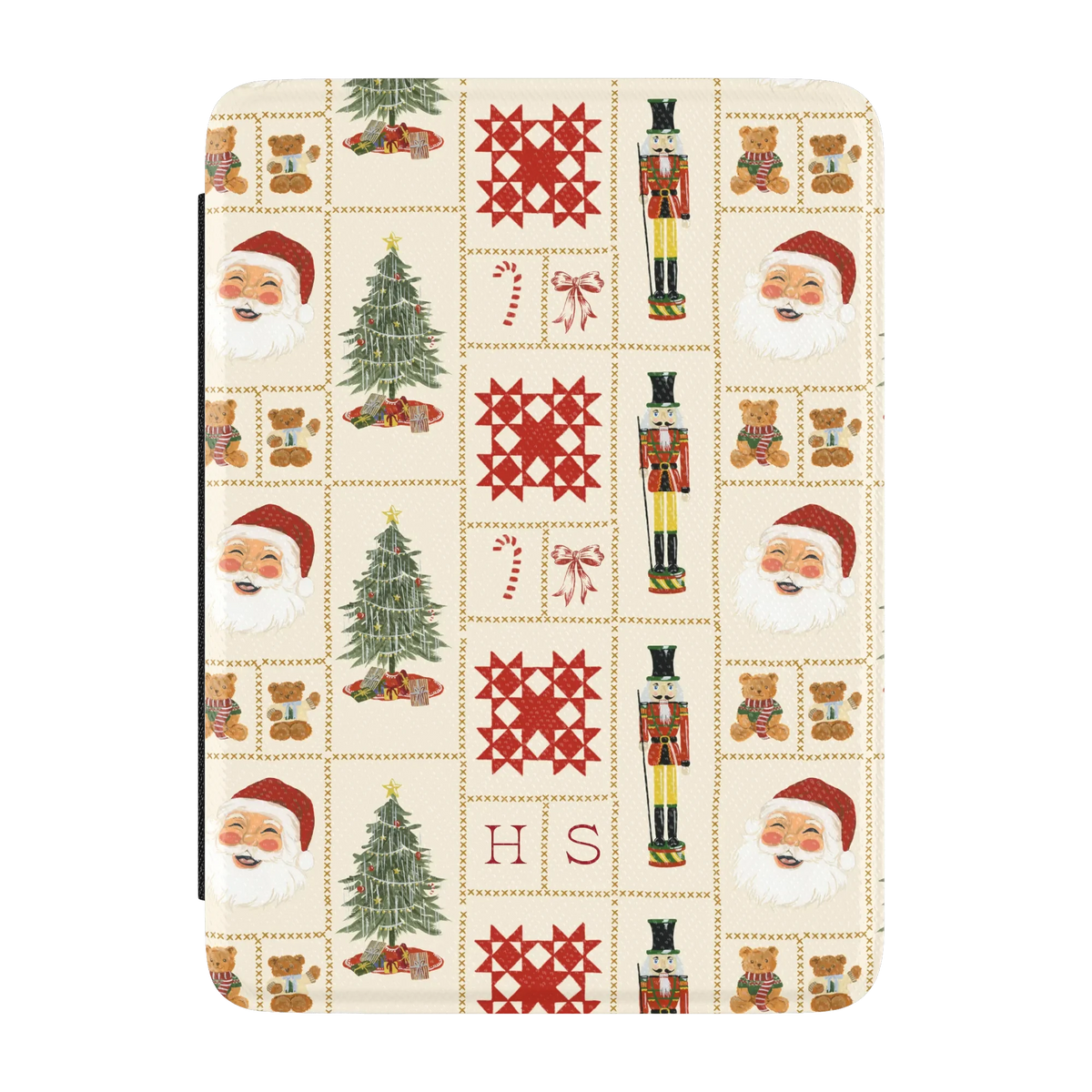 Holiday Sampler Personalized Kindle case, front cover: Christmas sampler squares with trees, Santas and nutcrackers with the initials HS