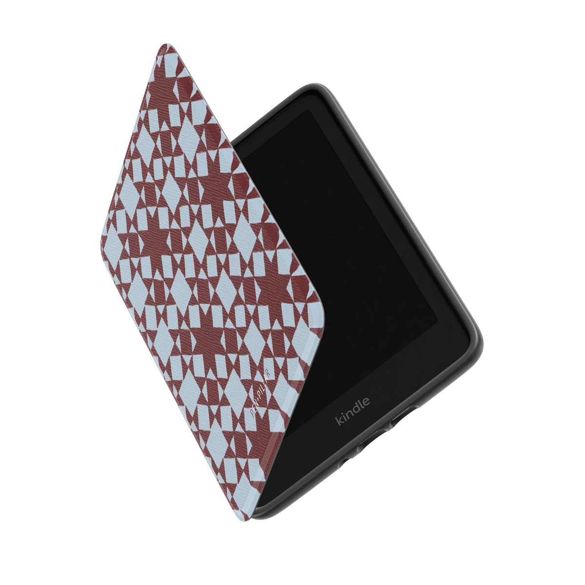 Homespun Kindle case standing partly open, showing the printed front cover and the Kindle inside