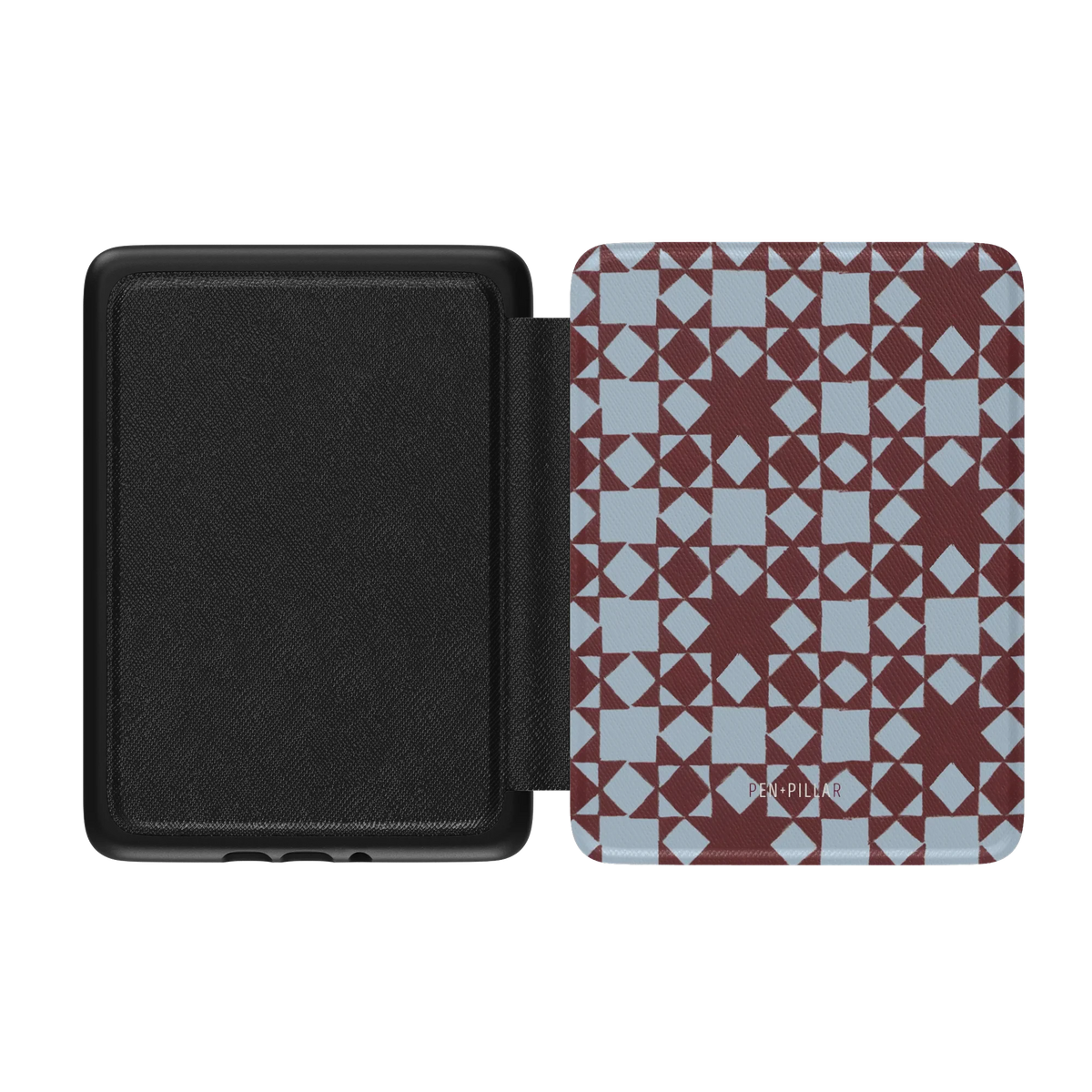 Homespun Kindle case opened flat, black inner lining on the left and the printed front cover on the right