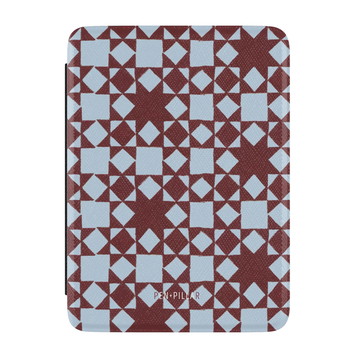 Homespun Kindle case, front cover: burgundy and pale blue quilt blocks