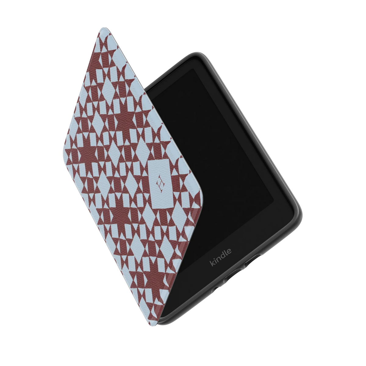 Homespun Personalized Kindle case standing partly open, showing the printed front cover and the Kindle inside