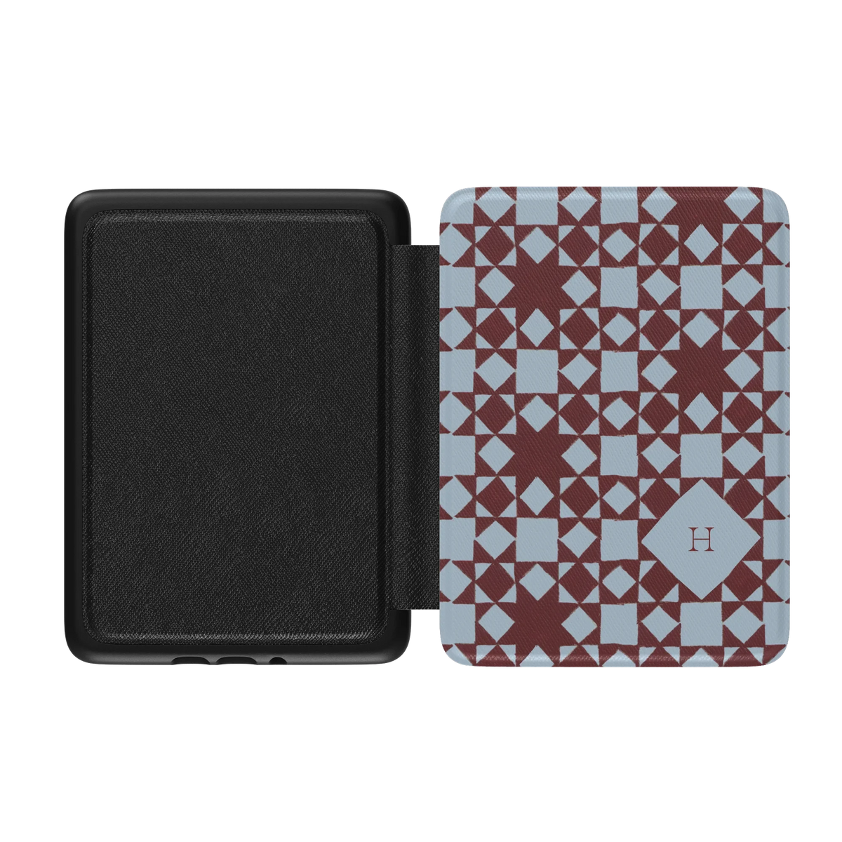 Homespun Personalized Kindle case opened flat, black inner lining on the left and the printed front cover on the right