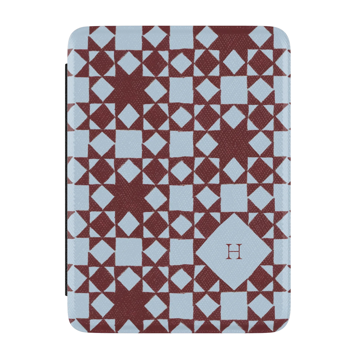 Homespun Personalized Kindle case, front cover: burgundy and pale blue quilt blocks with the initial H