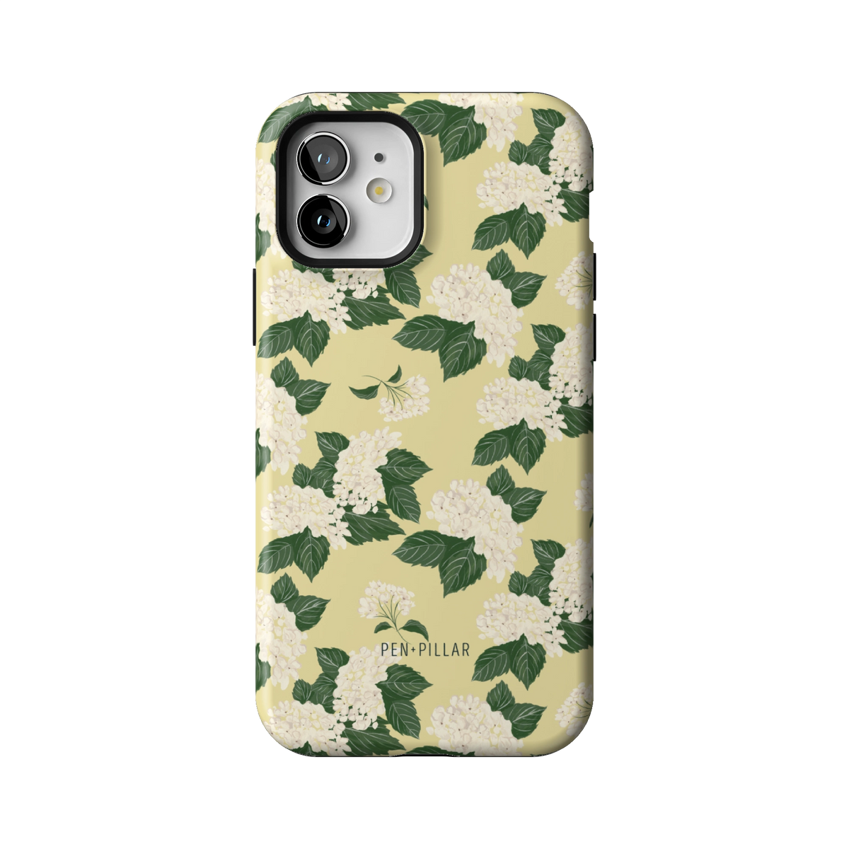 Hydrangea case on iPhone 12, back view: white hydrangeas and green leaves on buttery yellow