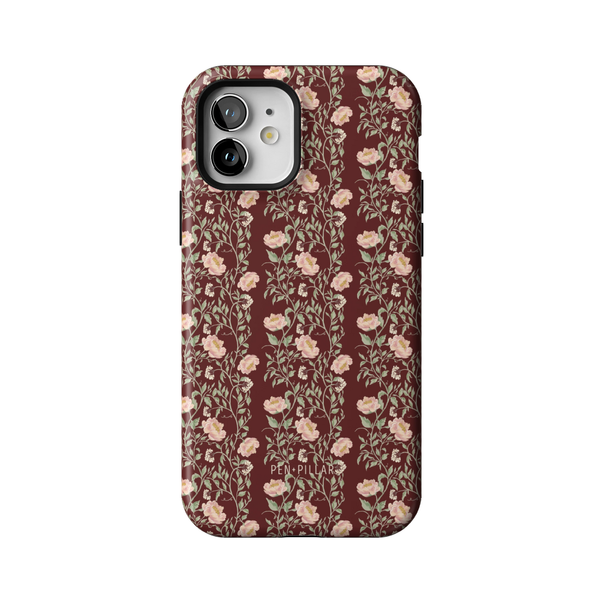 Thicket case on iPhone 12, back view: dense blush and cream florals on deep burgundy
