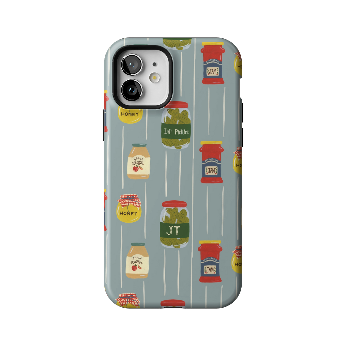 Preserves Personalized case on iPhone 12, back view: jars of honey, pickles and jam on slate blue stripes with the initials JT