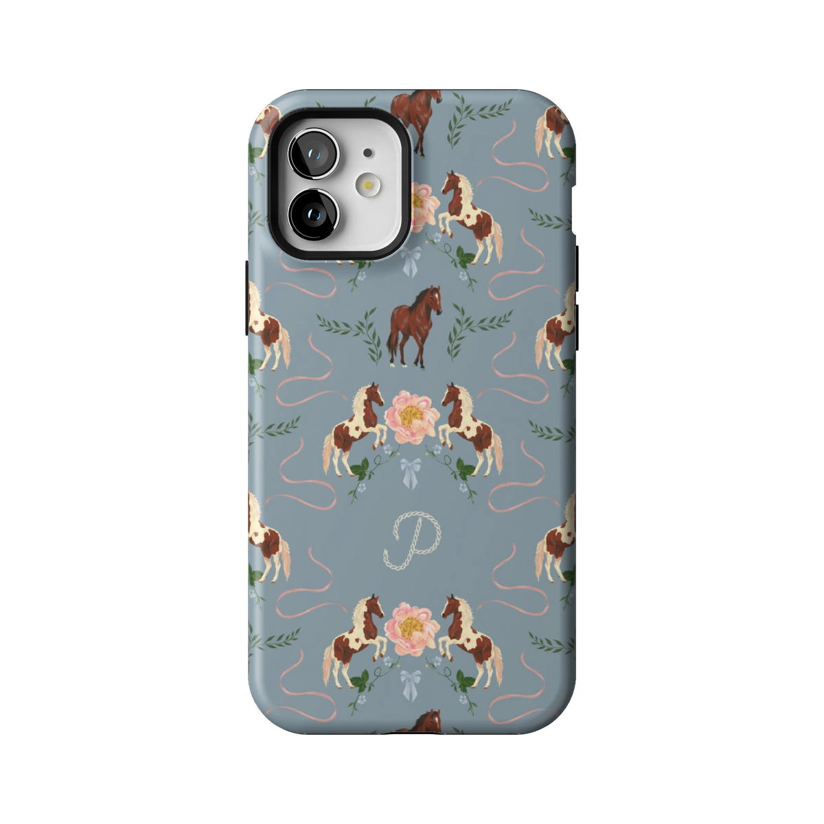 Prairie Personalized case on iPhone 12, back view: horses and blush florals on dusty blue with the initial P