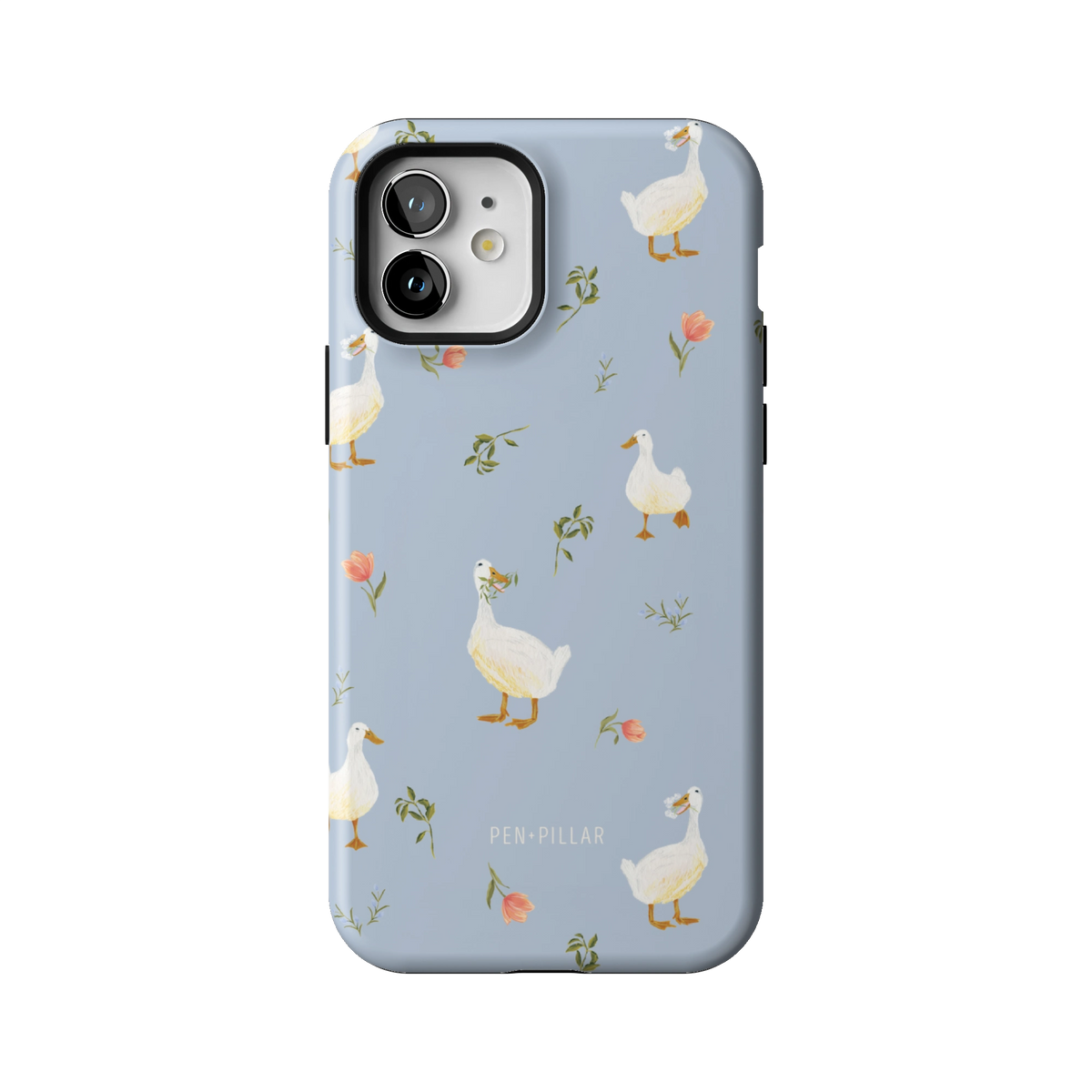 Ducks case on iPhone 12, back view: white ducks and small flower sprigs on soft blue