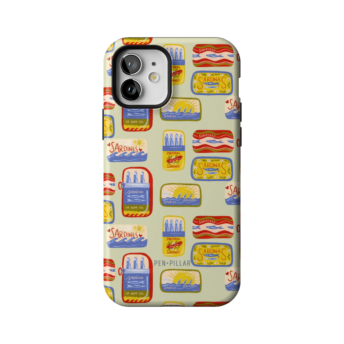 Sardines case on iPhone 12, back view: vintage sardine tins on pale sage