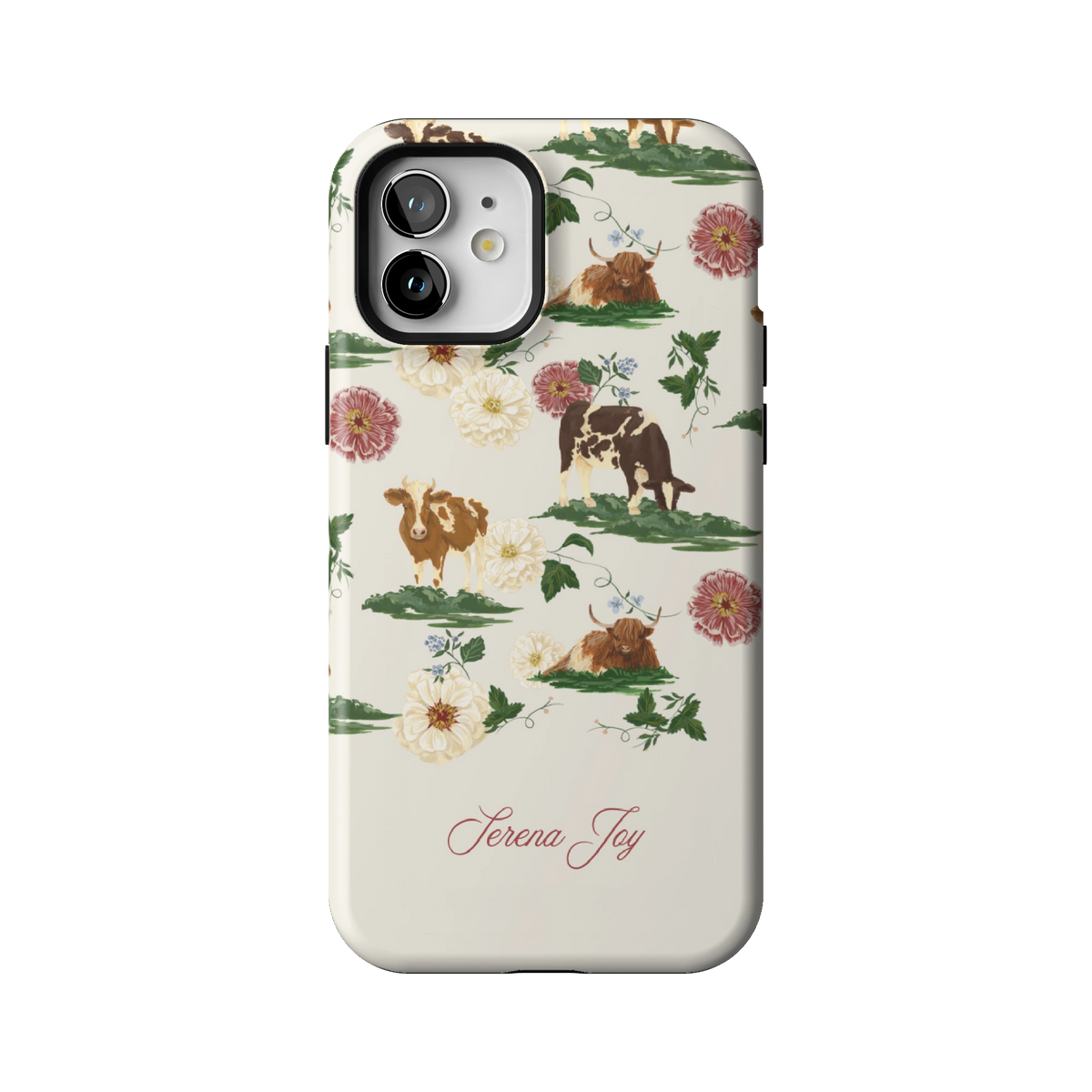 Pasture Personalized case on iPhone 12, back view: cows and dahlias in a countryside scene on cream with a name in script