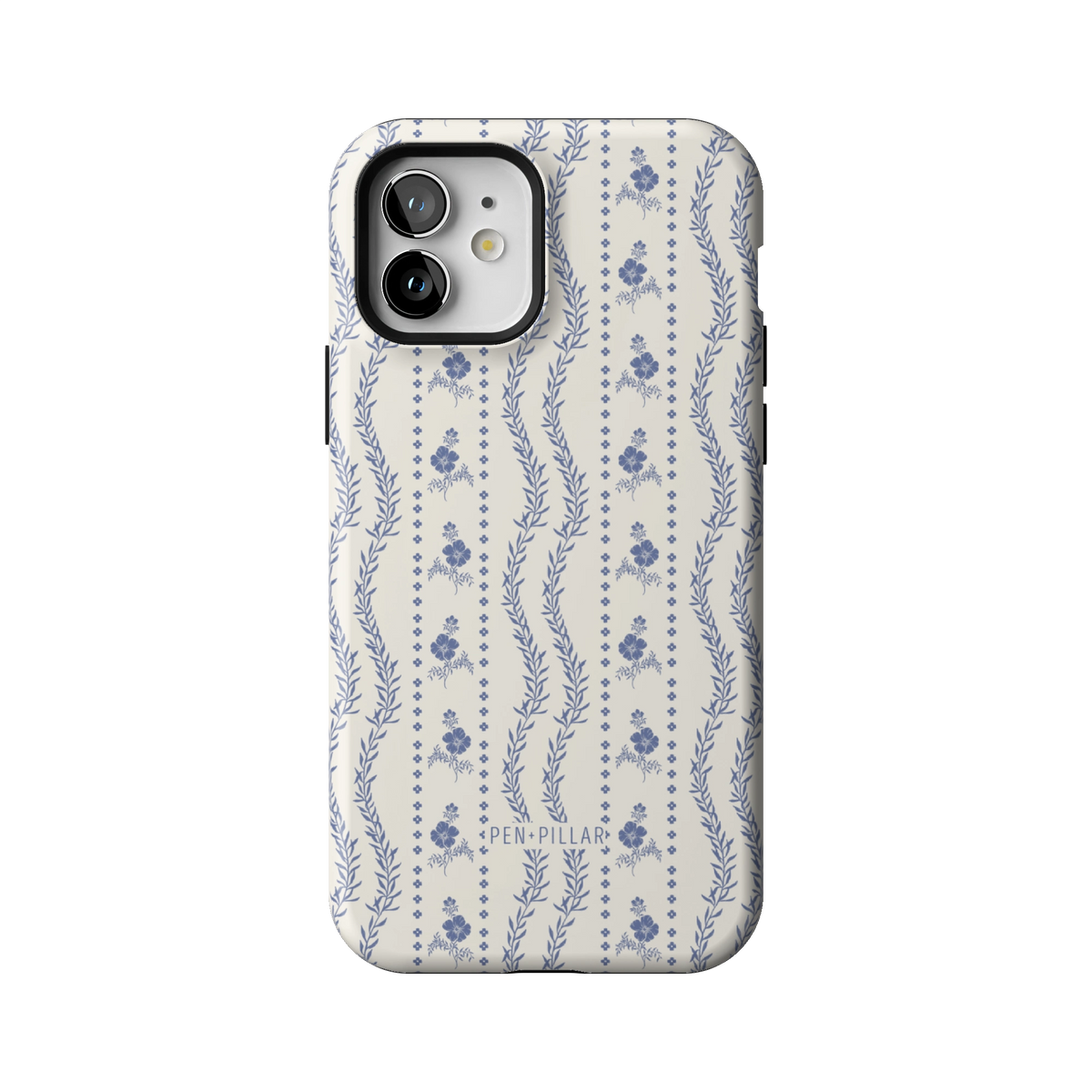 Riviera case on iPhone 12, back view: blue florals and vines in stripes on white