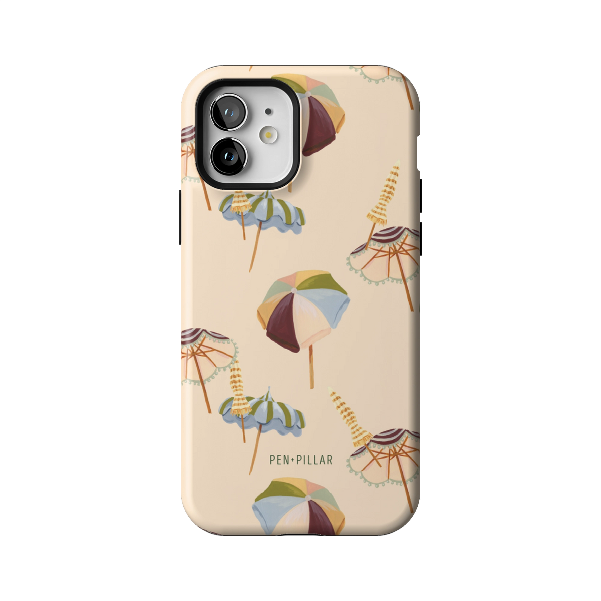 Umbrellas case on iPhone 12, back view: striped beach umbrellas and loungers on warm sand