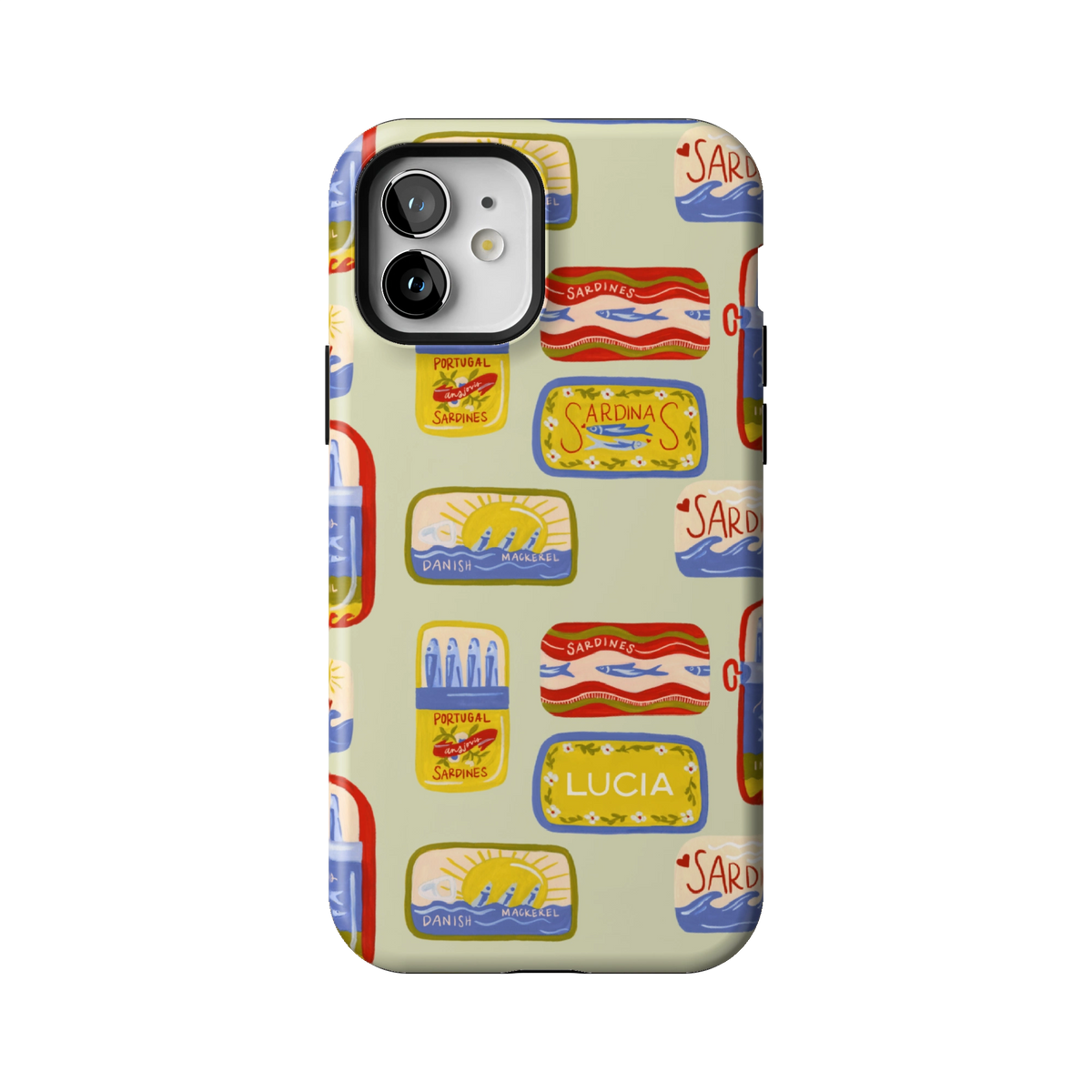 Sardines Personalized case on iPhone 12, back view: vintage sardine tins on pale sage with the name Lucia