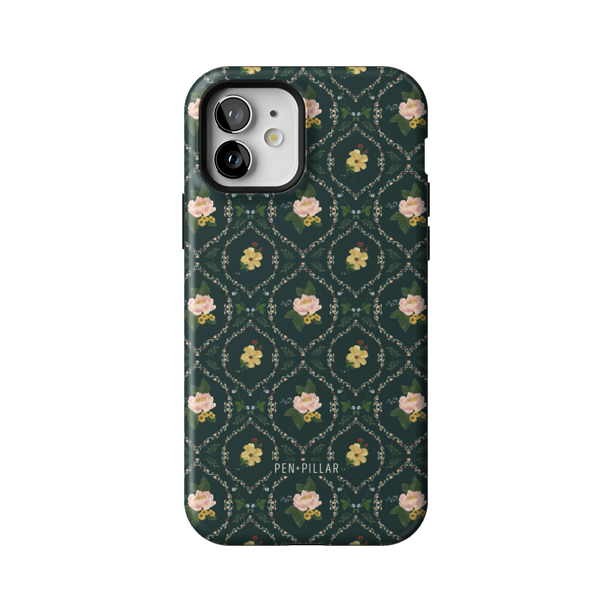 Meadow case on iPhone 12, back view: small yellow and pink flowers in a diamond trellis on deep green