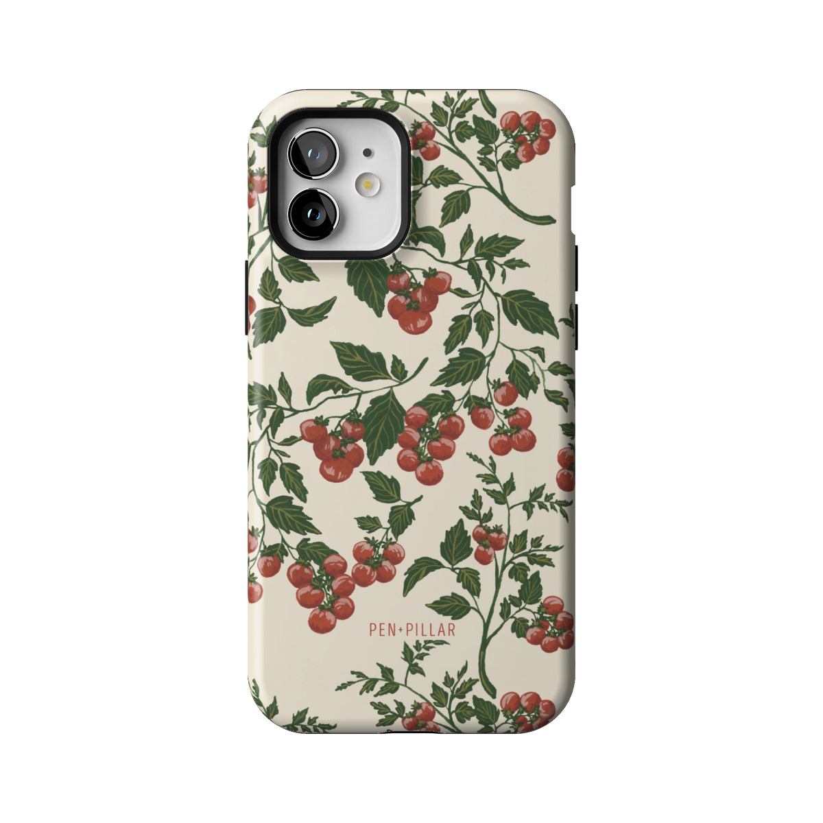 Tomato Vines case on iPhone 12, back view: red tomatoes on leafy green vines over cream