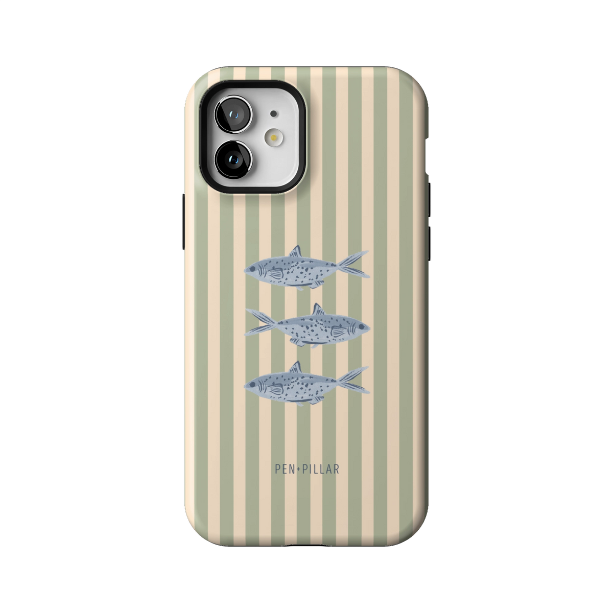 Sea Stripes case on iPhone 12, back view: blue fish on sage and cream stripes