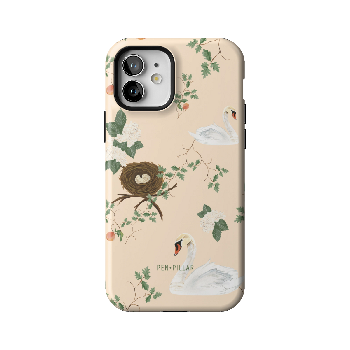Swan Hollow case on iPhone 12, back view: swans, a bird's nest and trailing greenery on cream