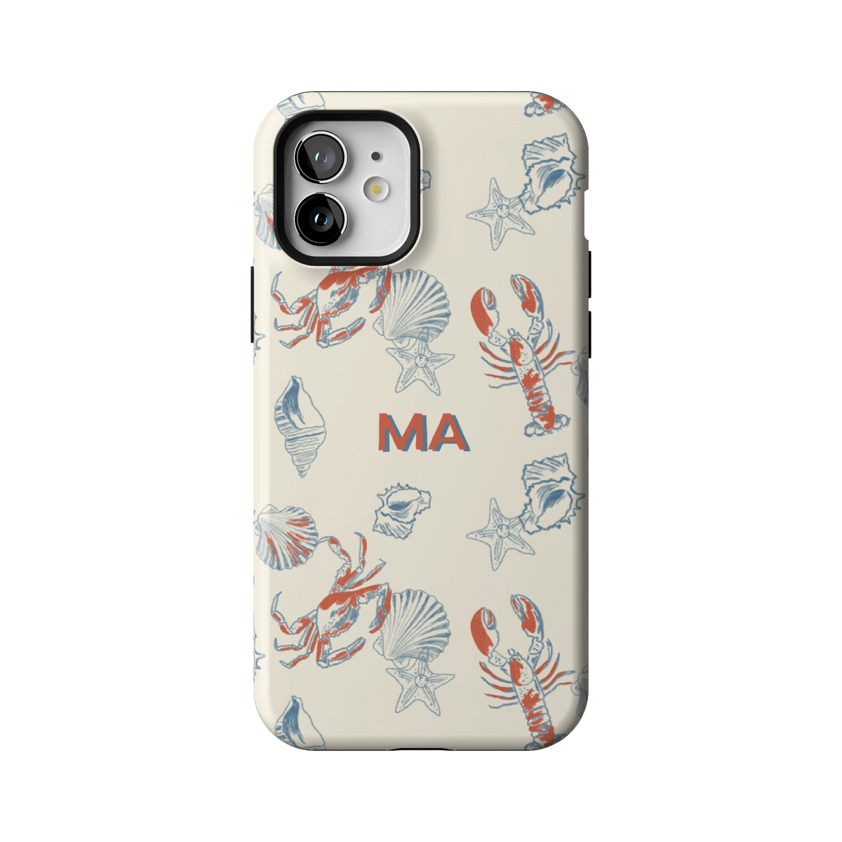 Mariner Personalized case on iPhone 12, back view: red lobsters, blue crabs and seashells on cream with the initials MA