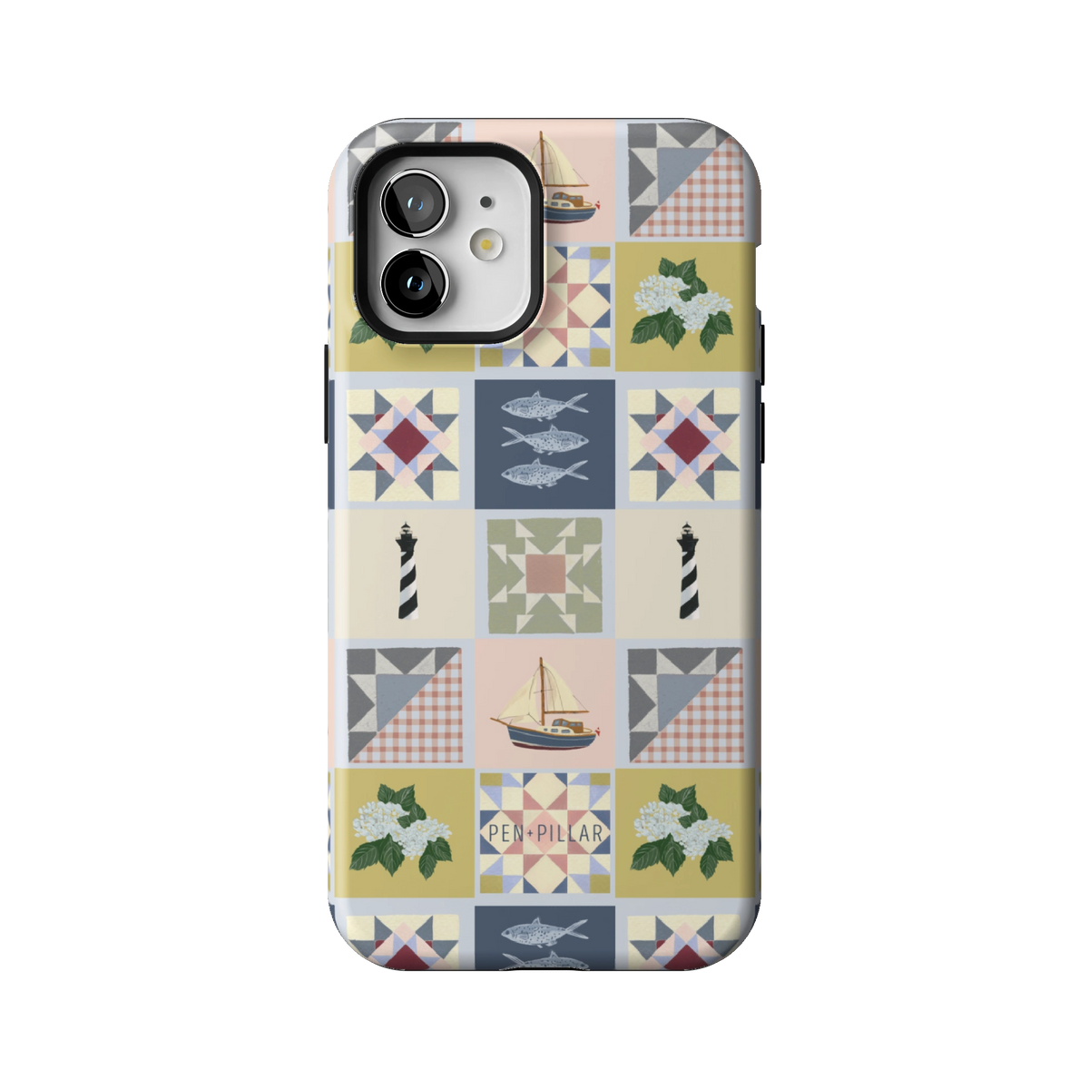 Coastal Quilt case on iPhone 12, back view: quilt blocks with sailboats, fish, a lighthouse and hydrangeas in navy, sage and blush