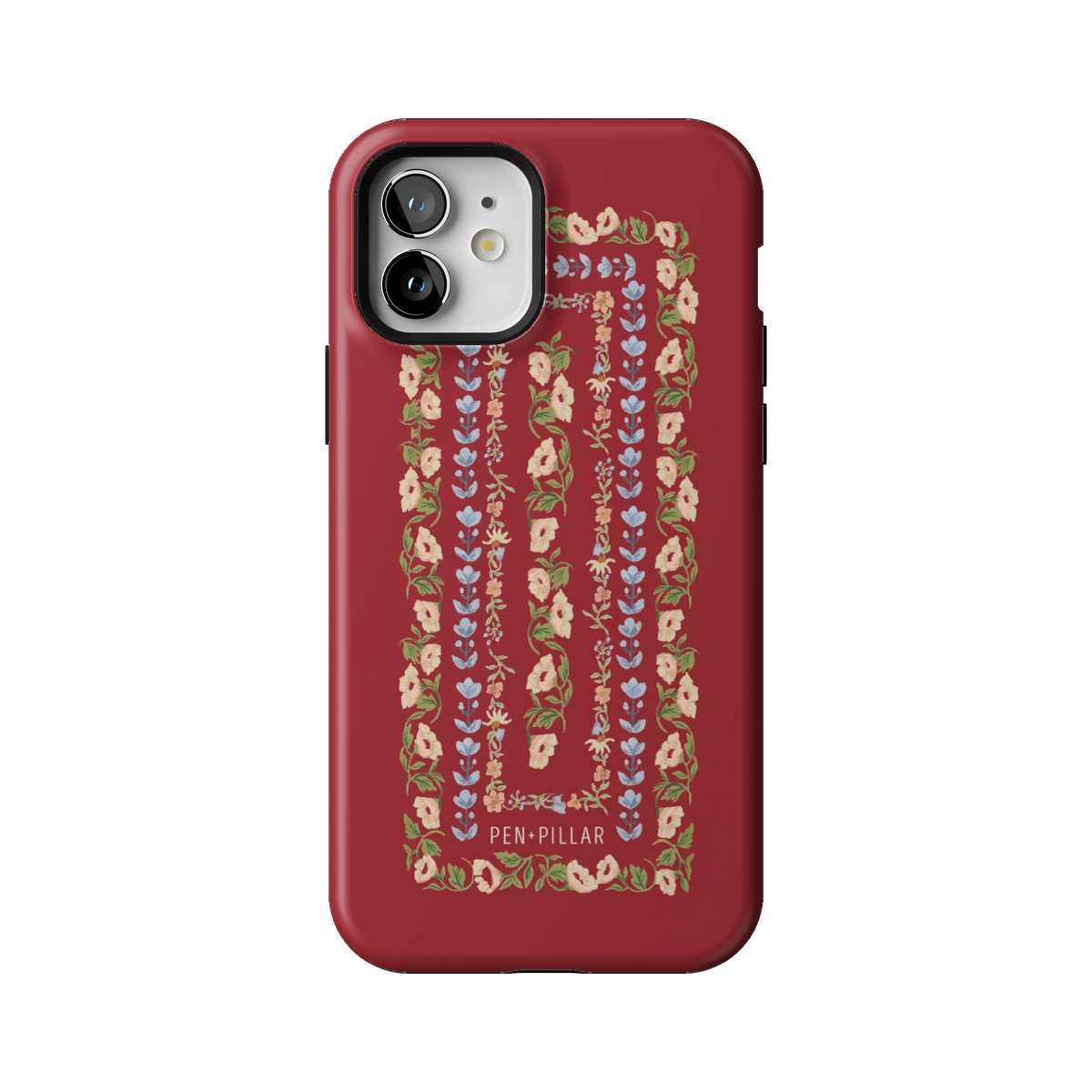 Fiona case on iPhone 12, back view: ornate floral stripes in cream, blush and blue on rich red