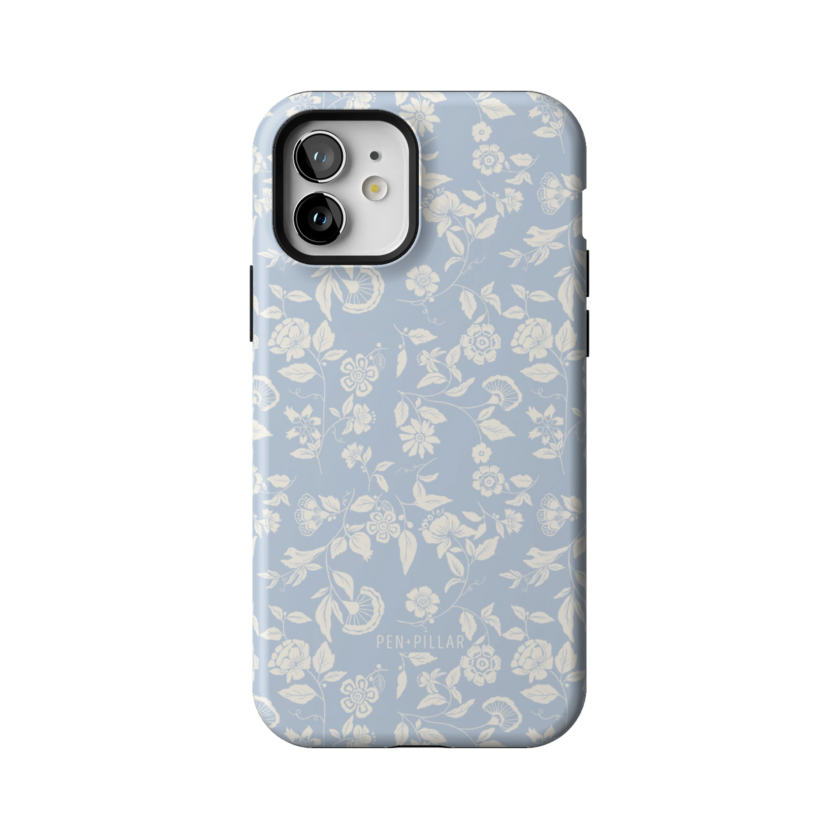 Spritz case on iPhone 12, back view: white florals on soft blue
