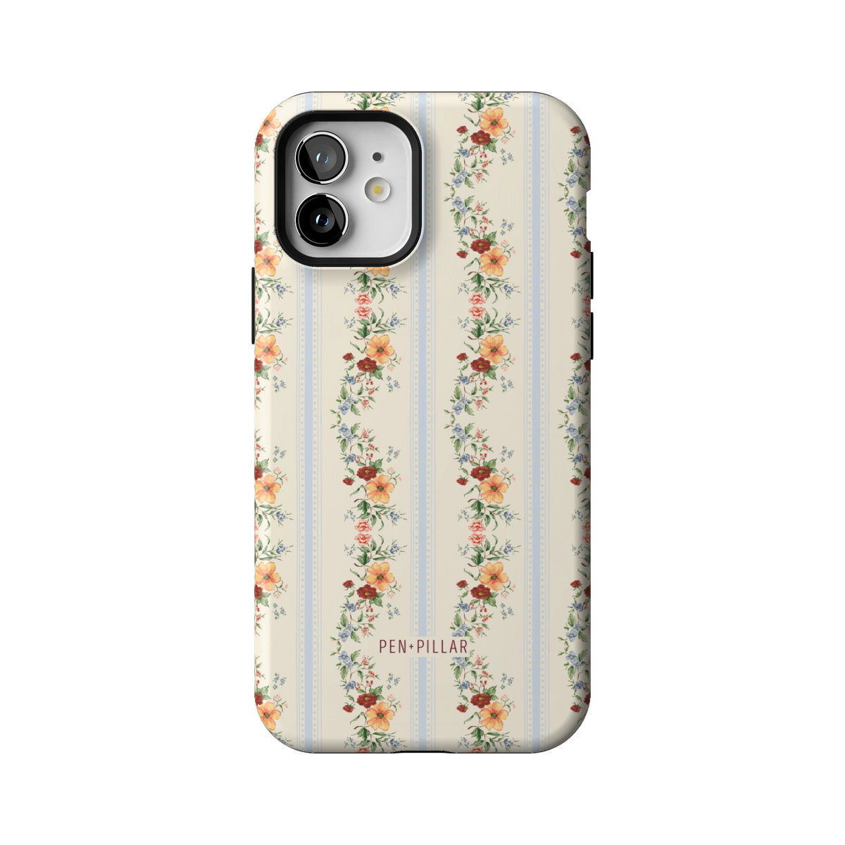 Wallflower case on iPhone 12, back view: floral garlands in orange and blush on cream and pale blue stripes