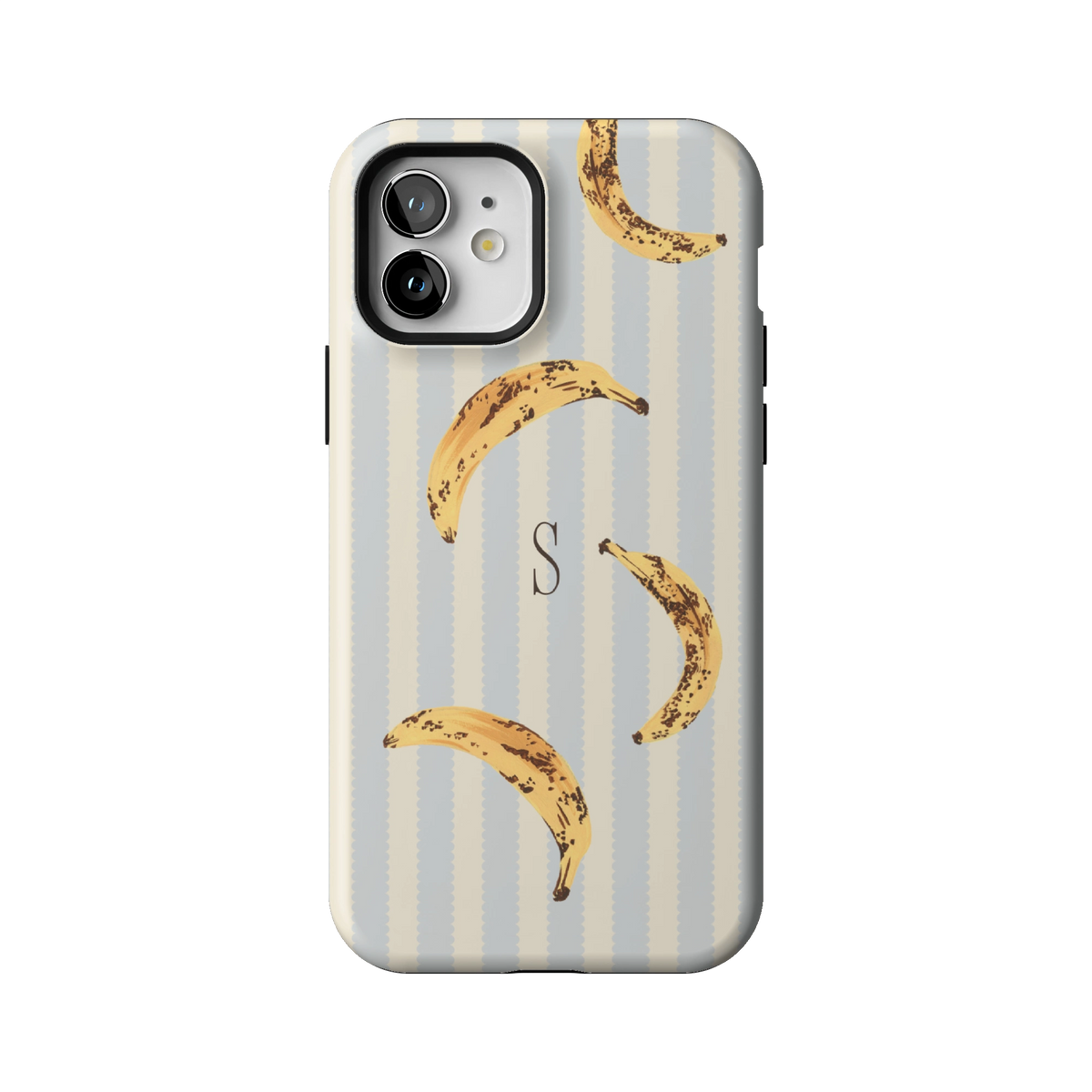Striped Bananas Personalized case on iPhone 12, back view: ripe bananas on pale blue and cream stripes with the initial S