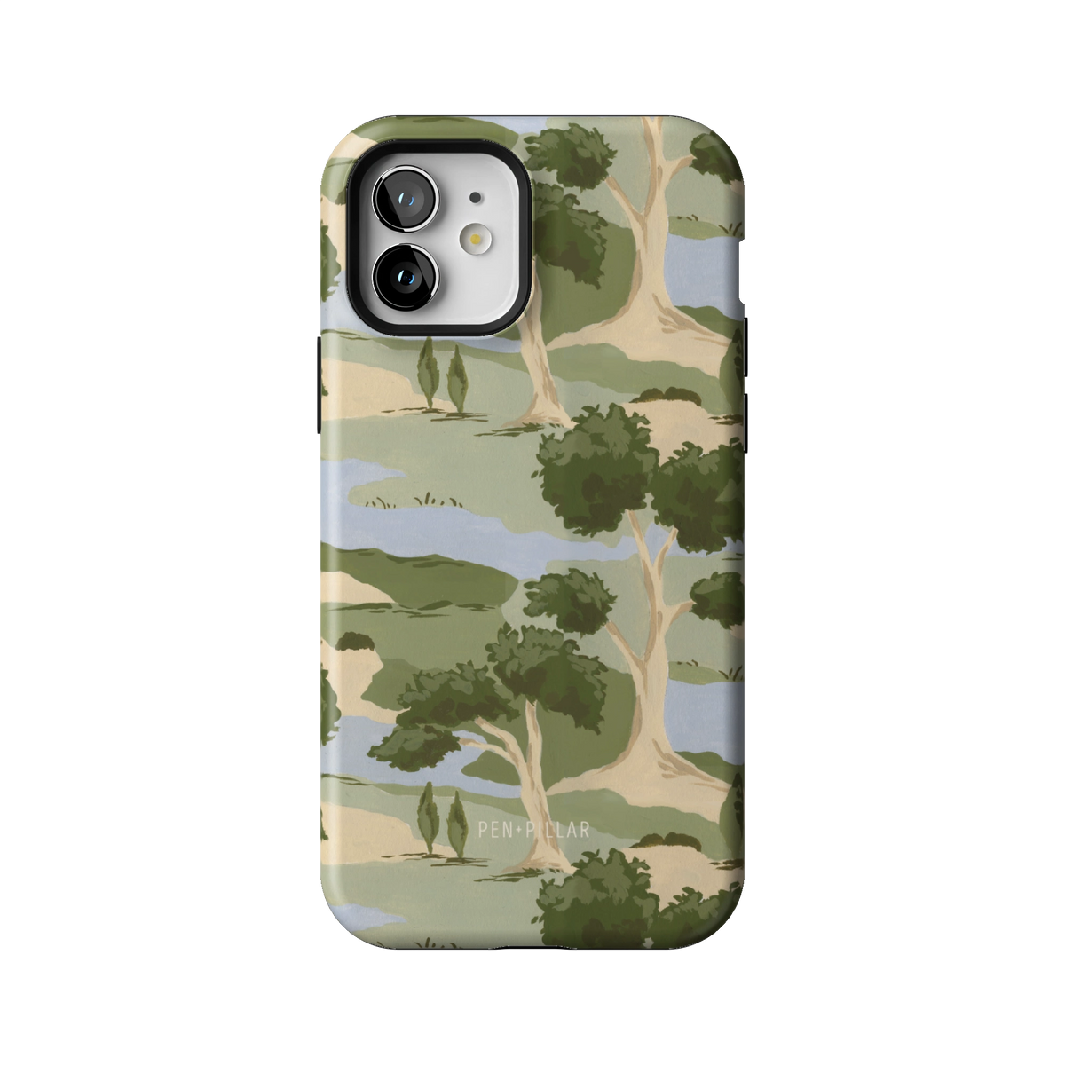 Orchard case on iPhone 12, back view: rolling green trees and winding blue streams on cream
