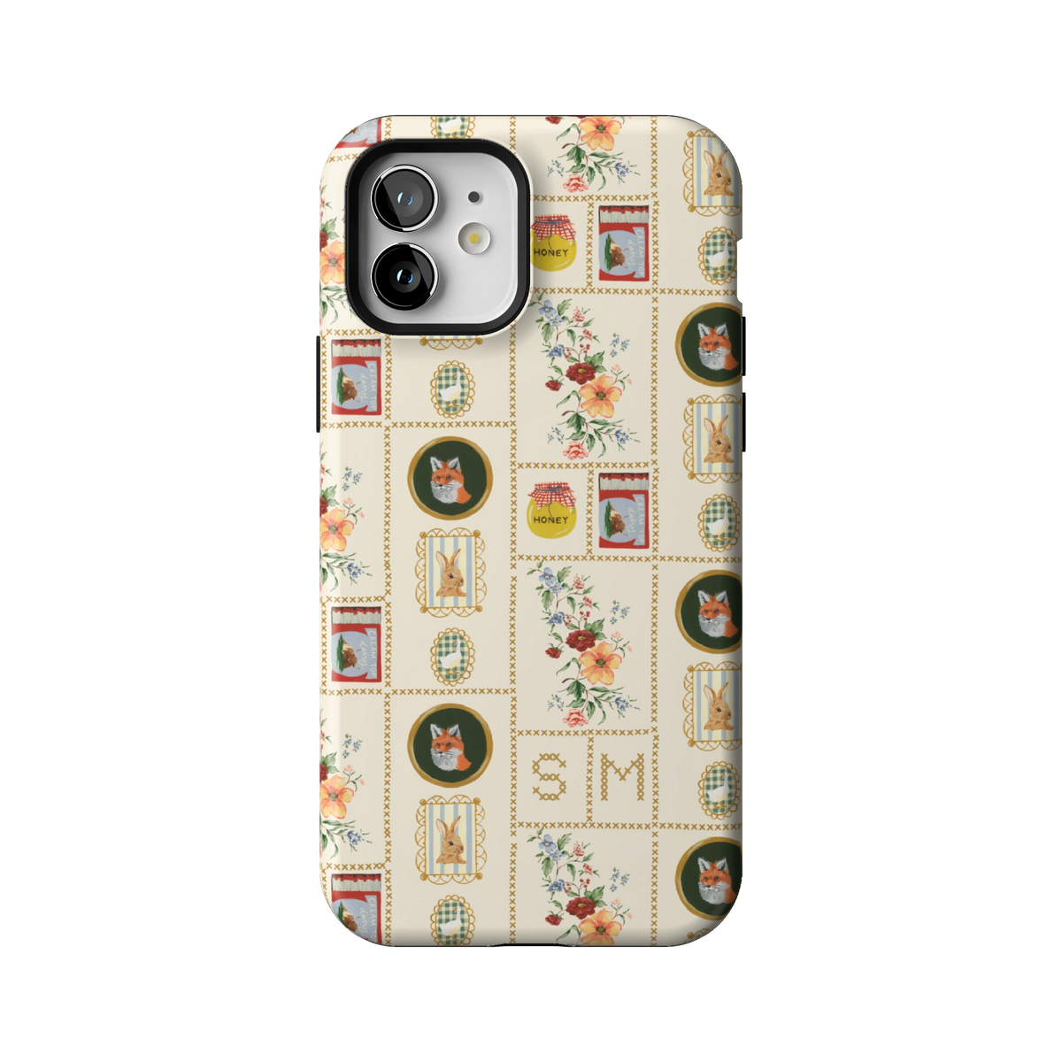 Sampler Personalized case on iPhone 12, back view: cross-stitch style squares of jars, animals and florals on cream with the initials SM