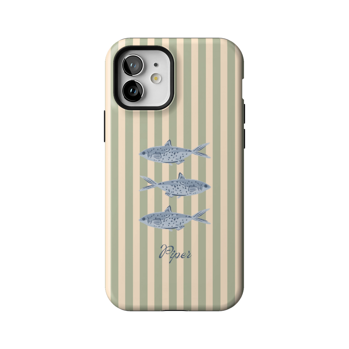 Sea Stripes Personalized case on iPhone 12, back view: blue fish on sage and cream stripes with the name Piper