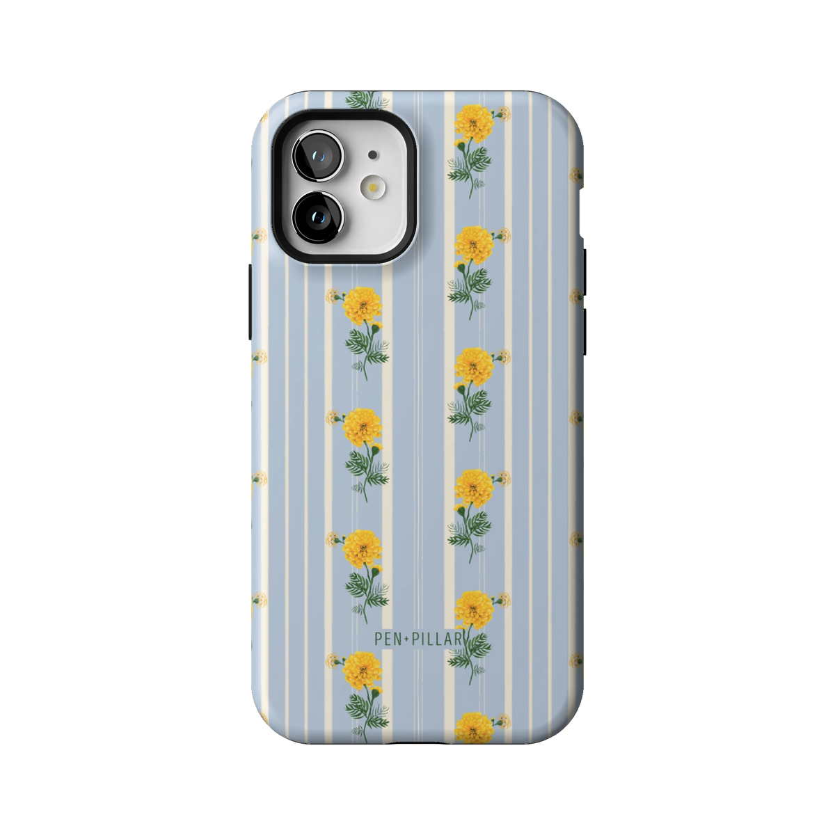October Birth Month case on iPhone 12, back view: yellow marigolds on blue and cream stripes