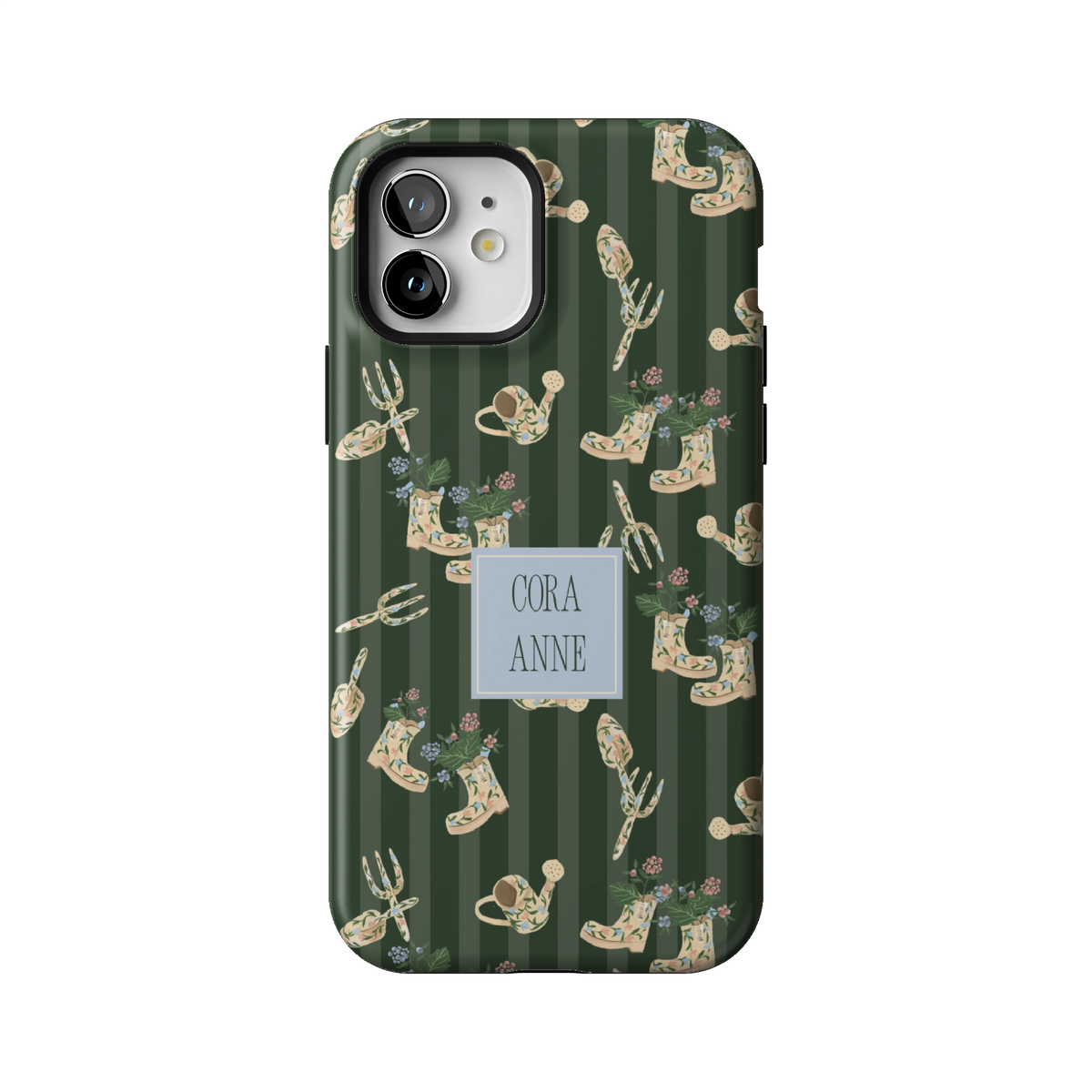 In the Garden Personalized case on iPhone 12, back view: garden boots, tools and florals on forest green stripes with the name Cora Anne